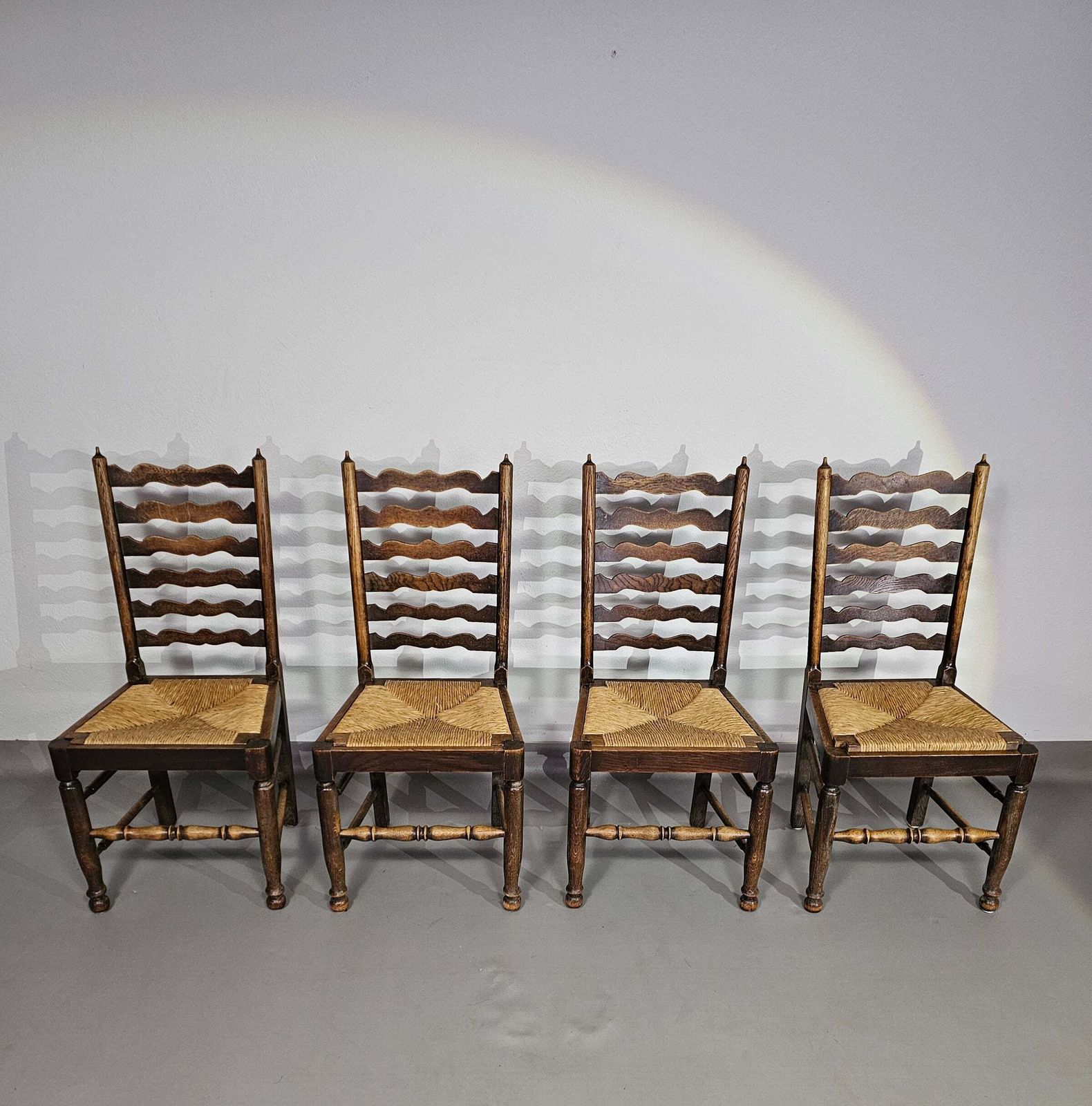 Set Of 4 Oak, Rustic, Farmhouse, Ladderback Dining Chairs With Rush Seats 1960s photo furniture