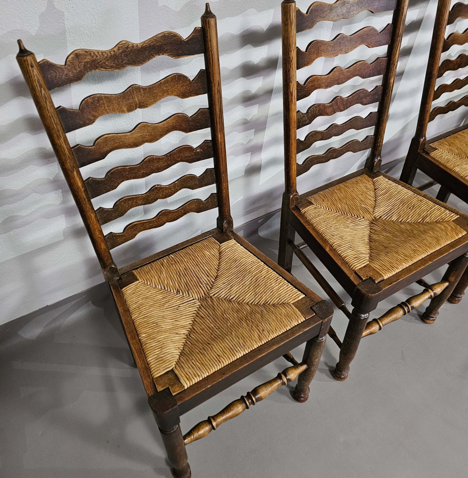 Set Of 4 Oak, Rustic, Farmhouse, Ladderback Dining Chairs With Rush Seats 1960s photo 1269.0
