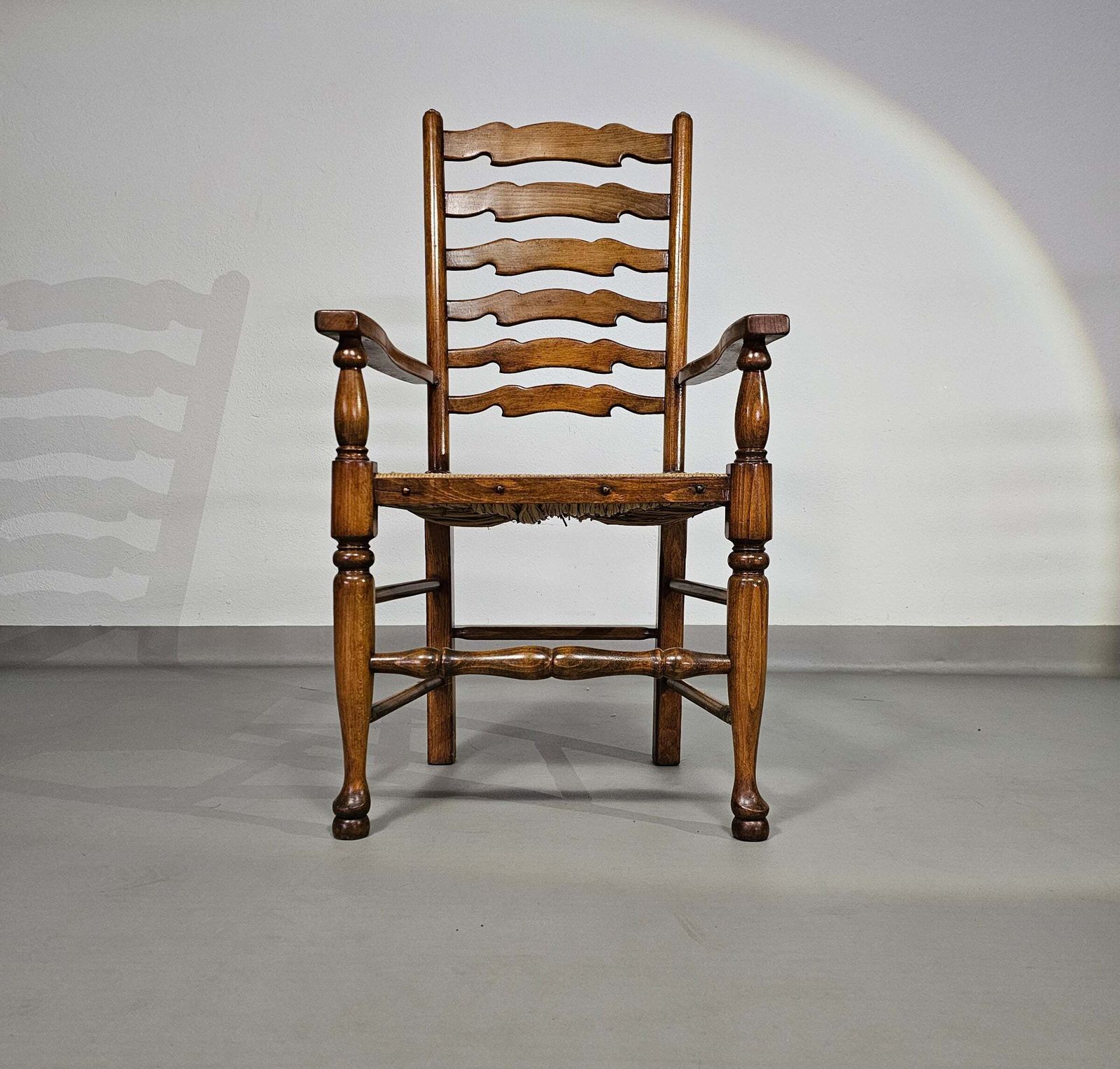 Set Of 4 Oak, Rustic, Farmhouse, Ladderback Dining Chairs With Rush Seats 1960s photo furniture