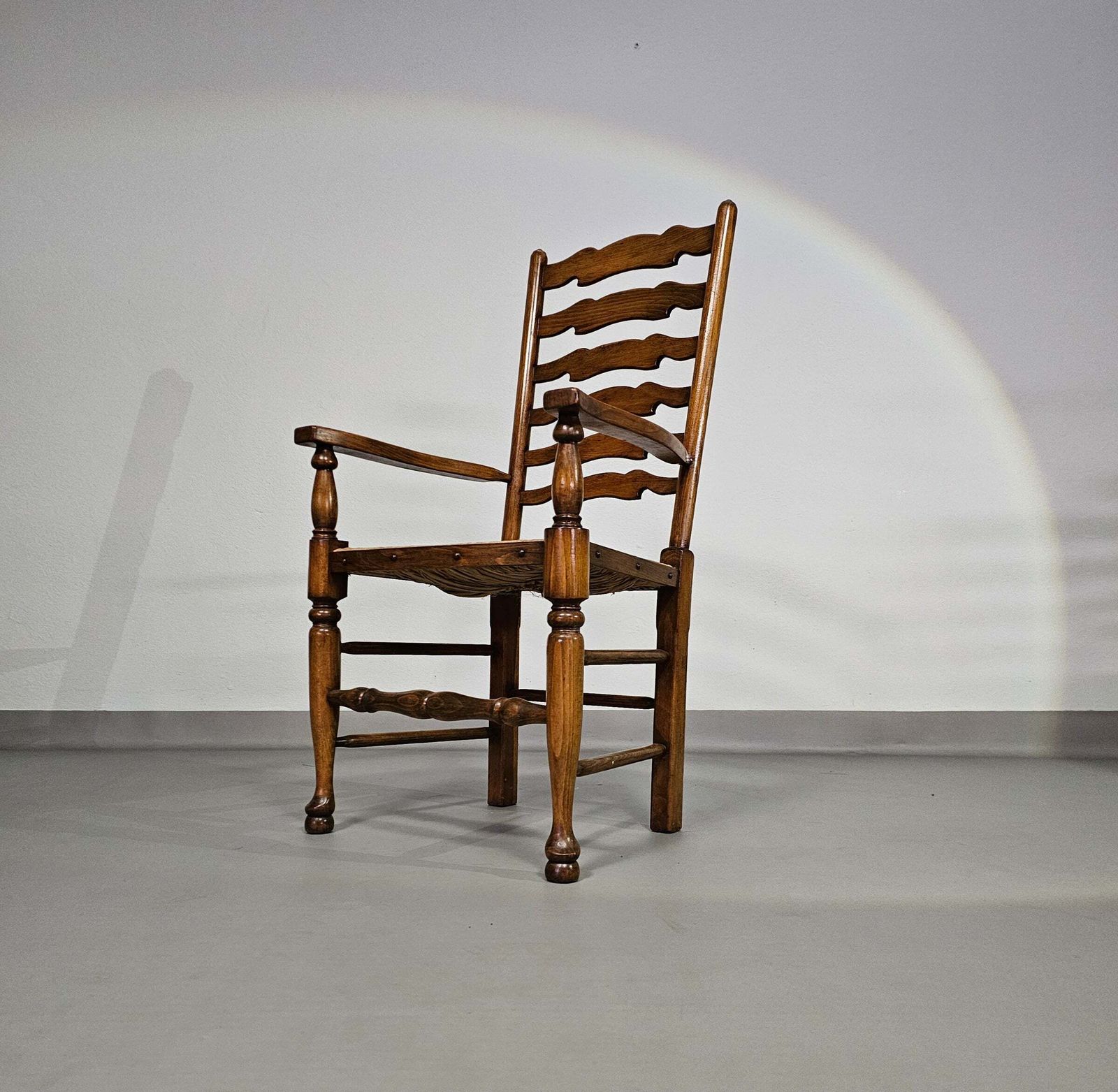 Set Of 4 Oak, Rustic, Farmhouse, Ladderback Dining Chairs With Rush Seats 1960s photo vintage