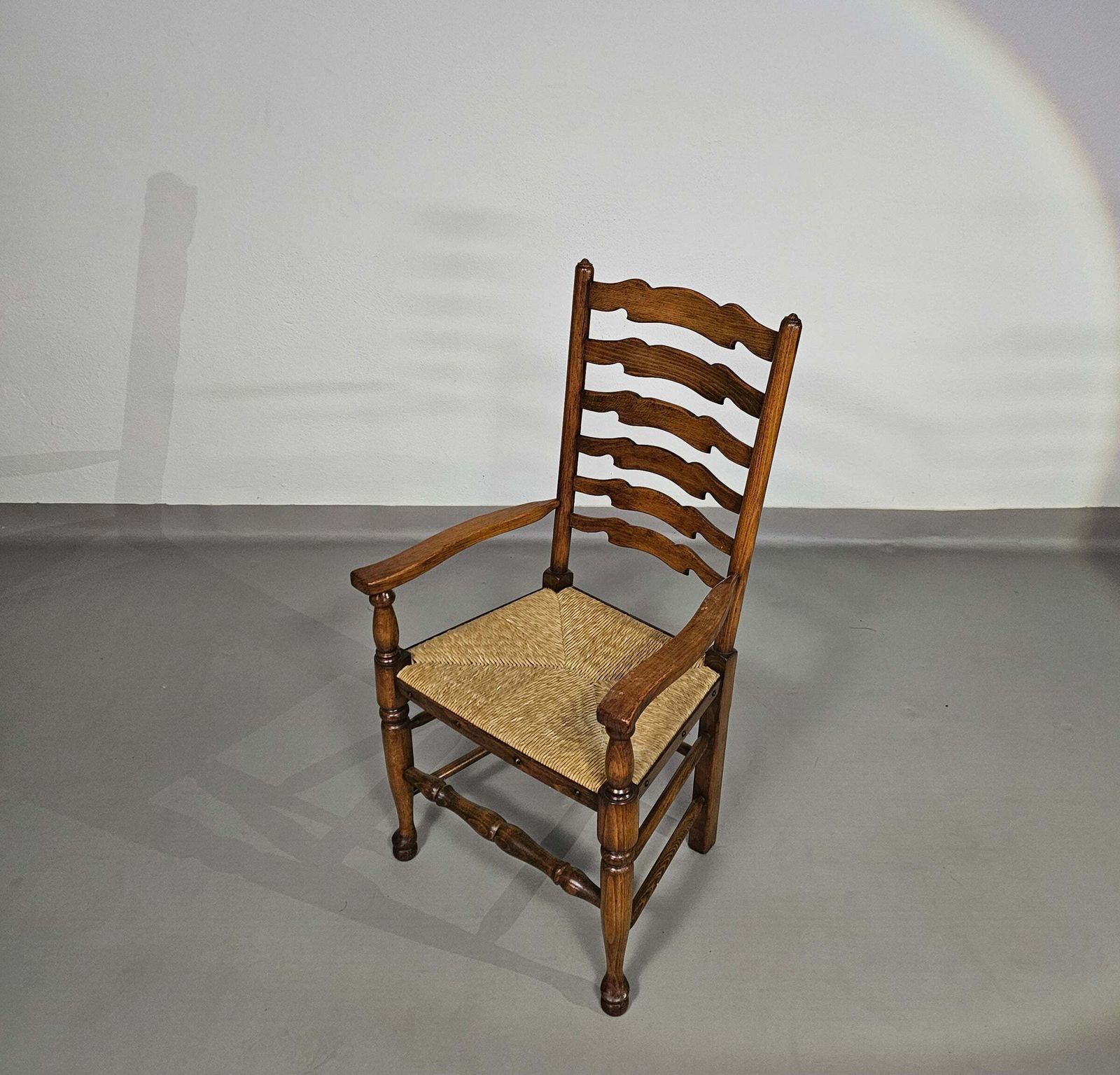 photo for sale Set Of 4 Oak, Rustic, Farmhouse, Ladderback Dining Chairs With Rush Seats 1960s