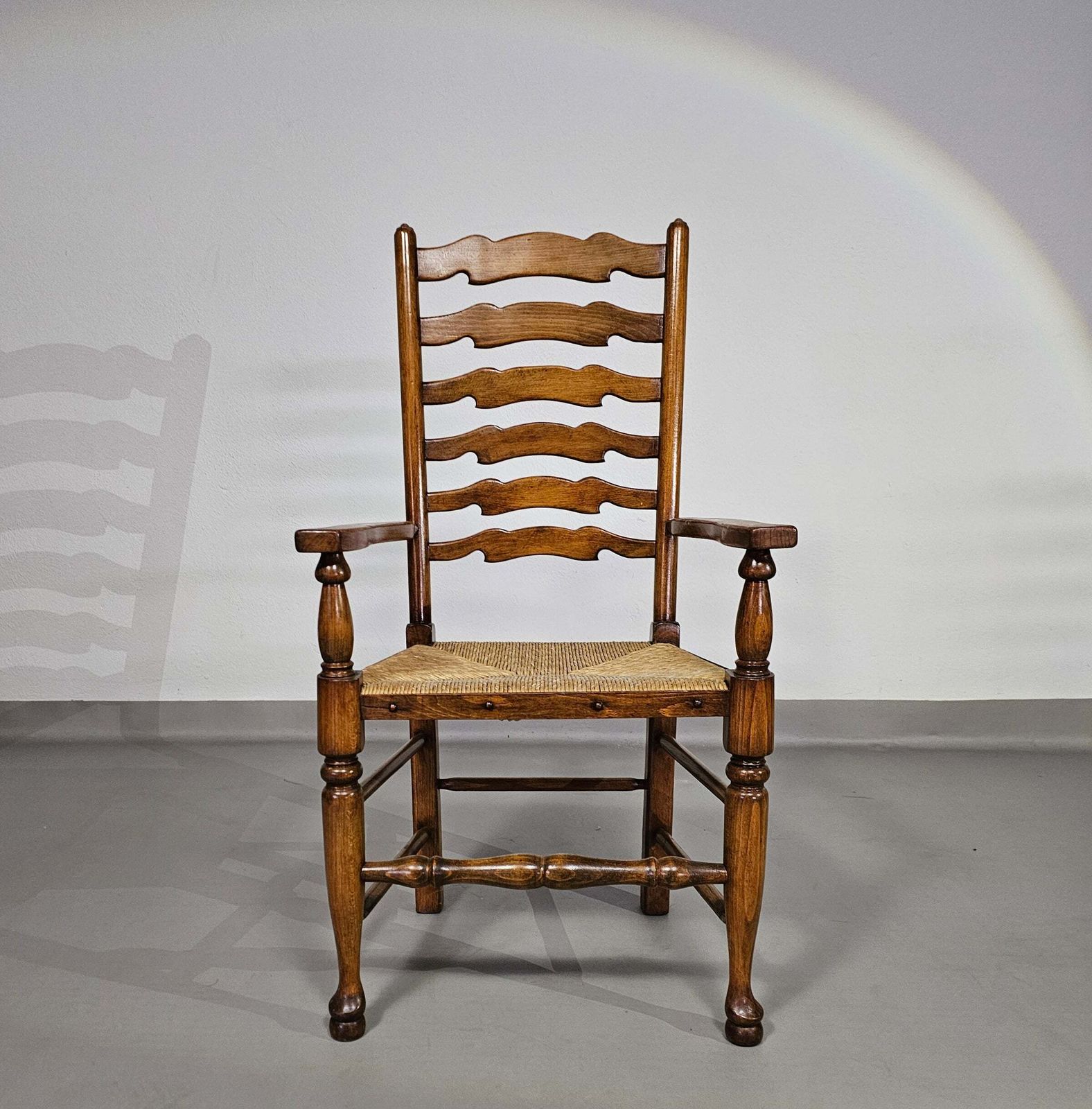 Furniture Set Of 4 Oak, Rustic, Farmhouse, Ladderback Dining Chairs With Rush Seats 1960s photo