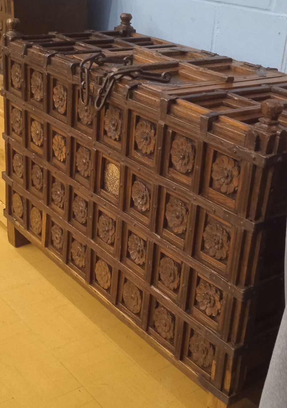 Early/Mid 19th Century Indian Hardwood Carved Panel Dowry Chest With Flower Metal Bound And Nailed Detail.