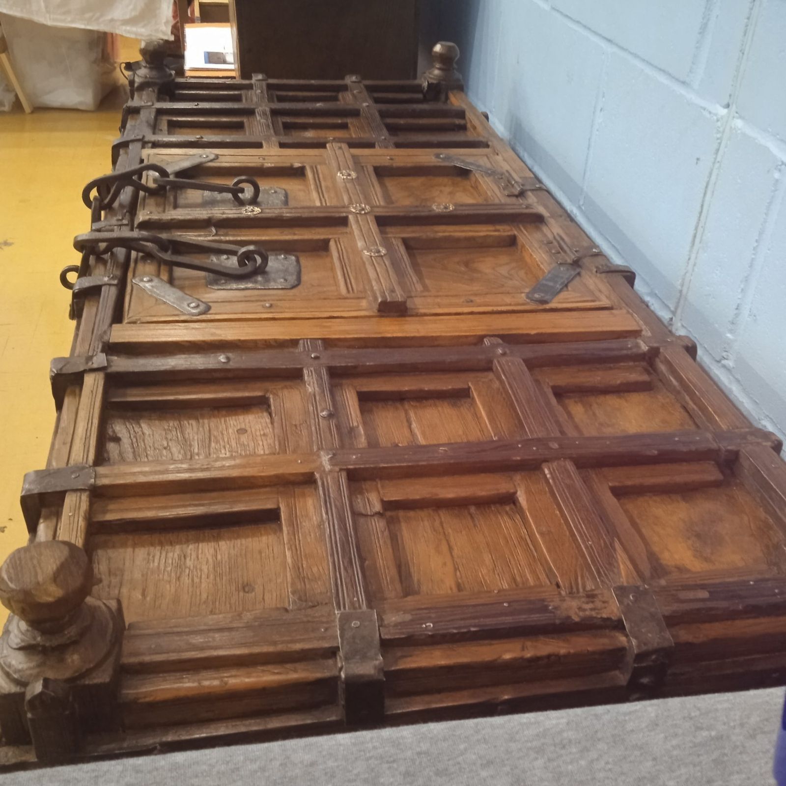 Early/Mid 19th Century Indian Hardwood Carved Panel Dowry Chest With Flower Metal Bound And Nailed Detail. photo furniture