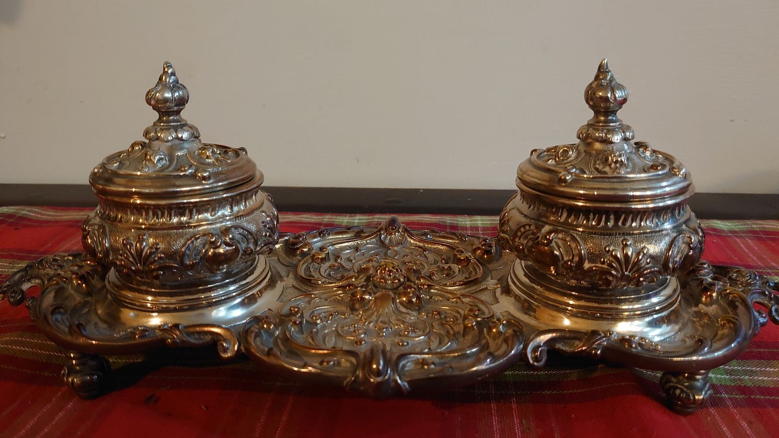 Twin Victorian Pot Plated Inkstand   Very Heavy And Sturdy   Complete With Original Glass Liners photo for sale