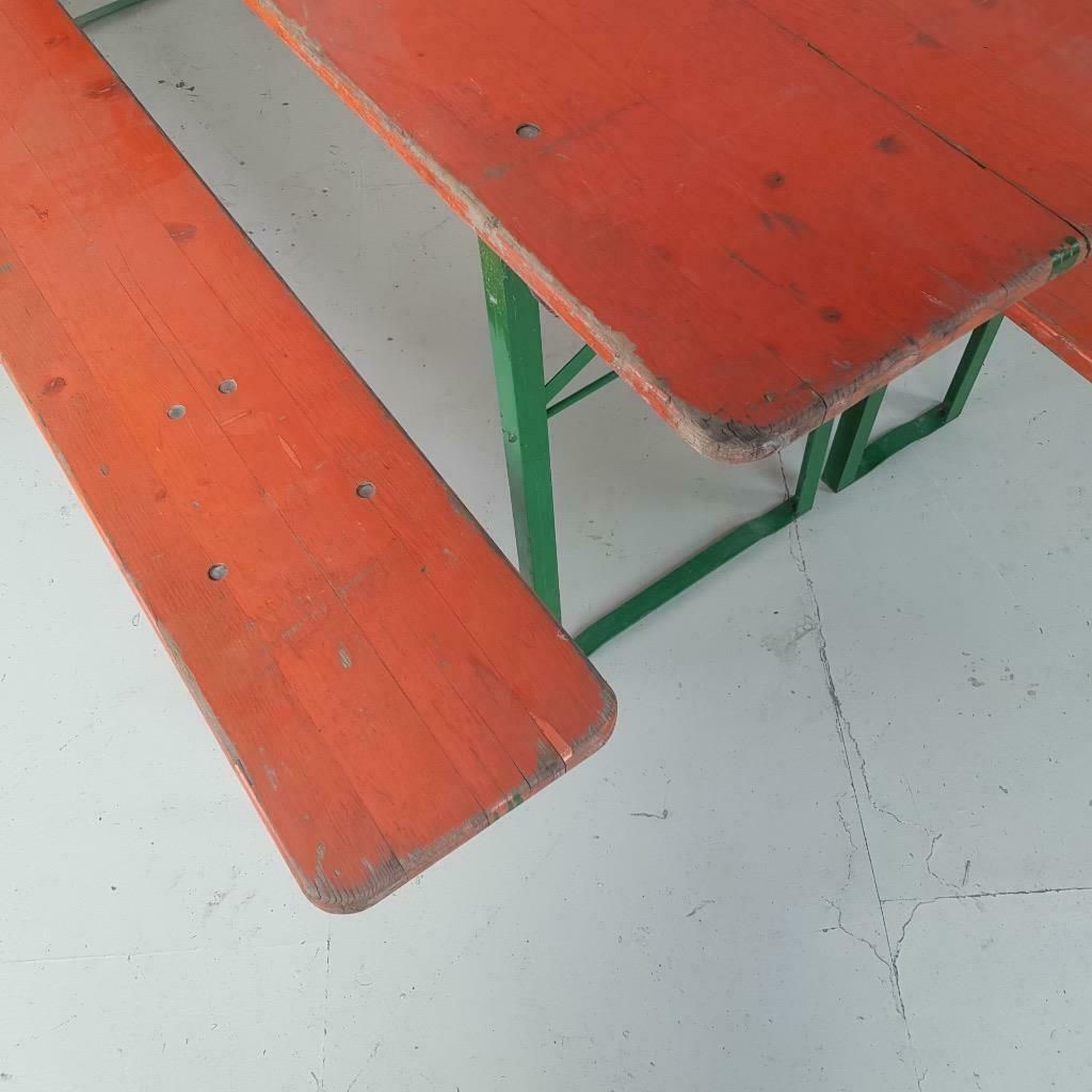 Vintage German Beer Table And Orange Benches photo Garden Furniture