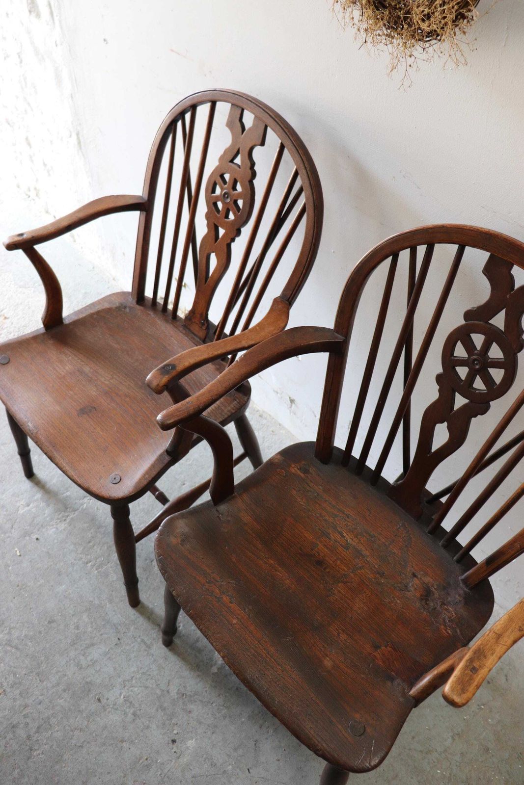 Charming Pair Of Engish Elm And Oak Wheel Back Farmhouse Carver Chairs photo vintage
