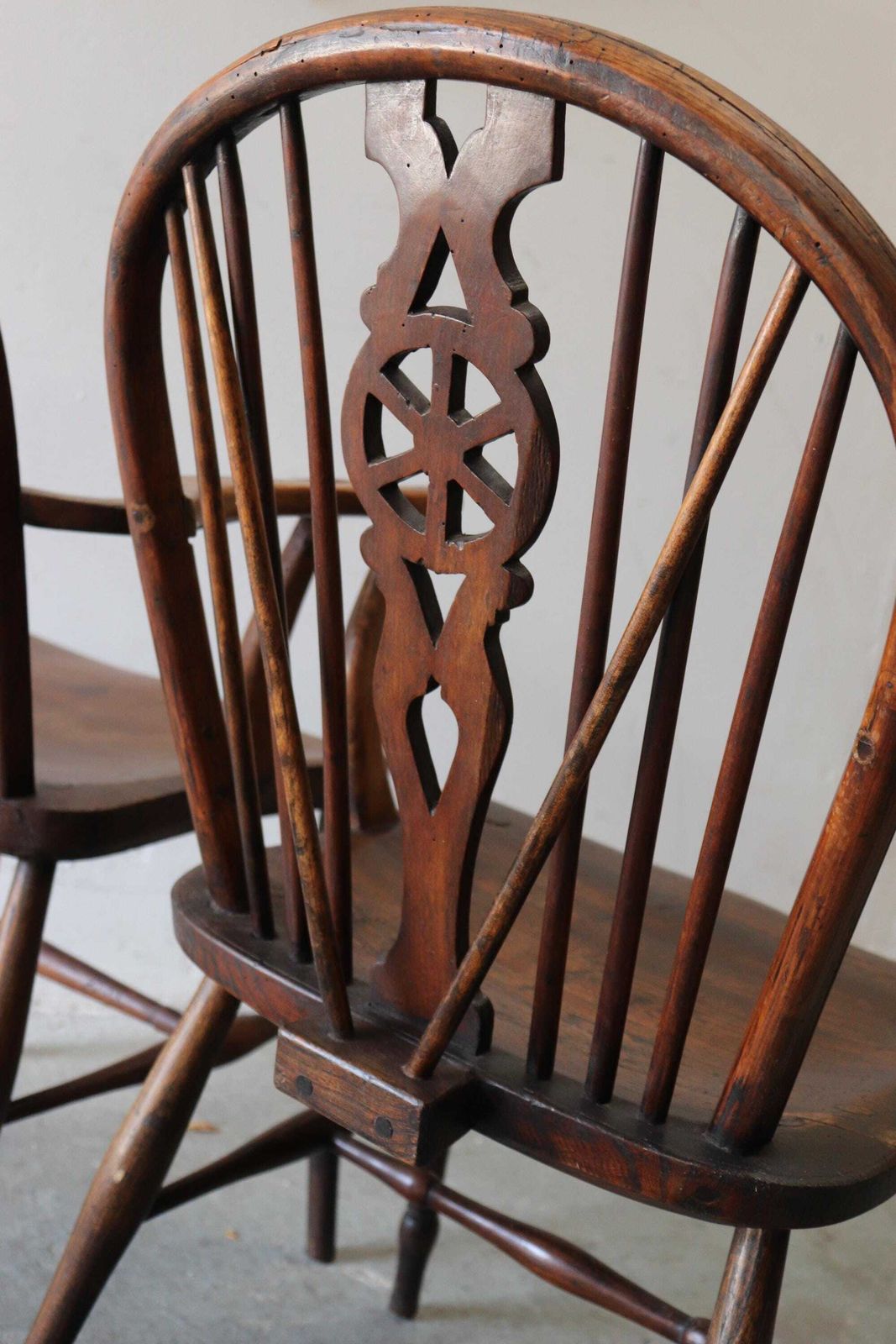 photo for sale Charming Pair Of Engish Elm And Oak Wheel Back Farmhouse Carver Chairs