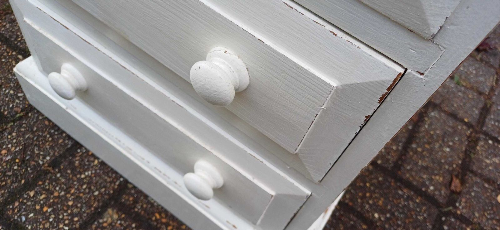Vintage 1980s Hand Painted Bedside Chest Of Drawers Nightstand Farrow And Ball Wimborne White Pine Top Shabby Chic Bedroom Storage Table photo for sale