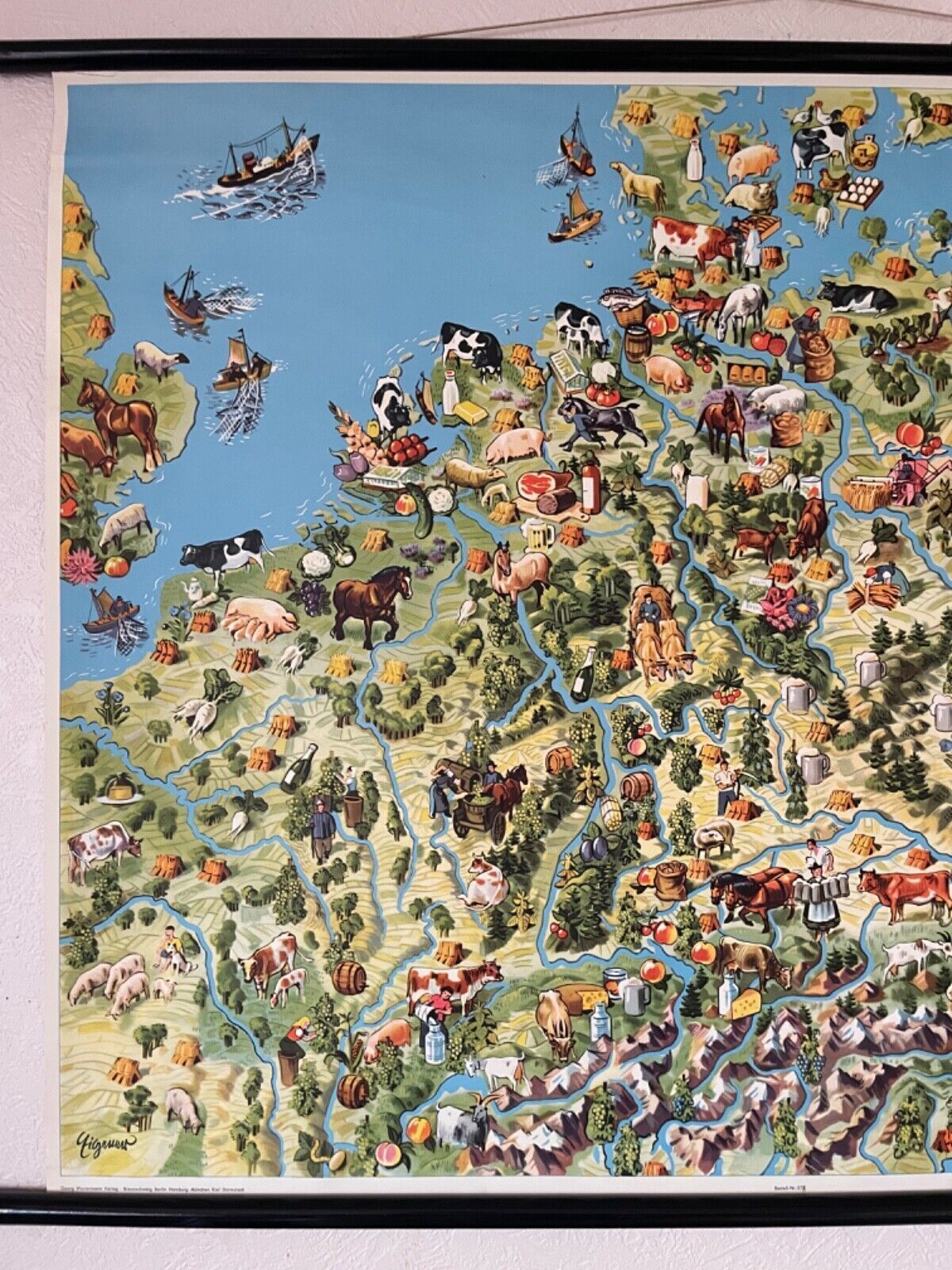 Vintage Pictorial Map Of Mid Europe School Chart Agriculture & Fishing photo furniture