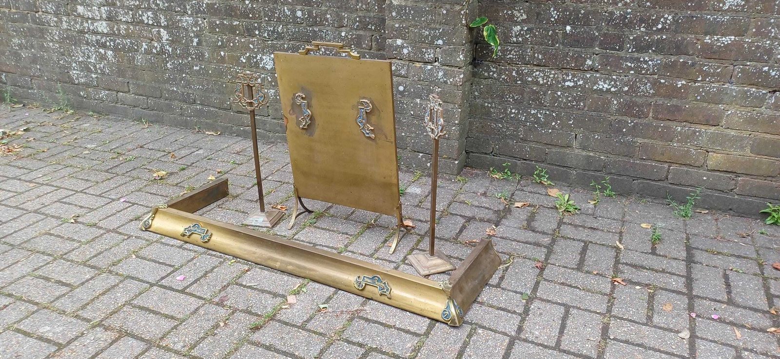 Antique Brass Art Nouveau Fireplace Companion Set Fire Guard Fender And Tool Holders Vintage Hearth Accessories photo furniture
