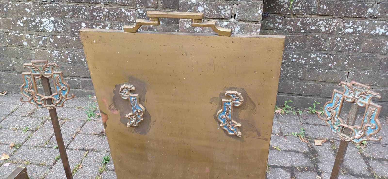 Antique Brass Art Nouveau Fireplace Companion Set Fire Guard Fender And Tool Holders Vintage Hearth Accessories photo for sale