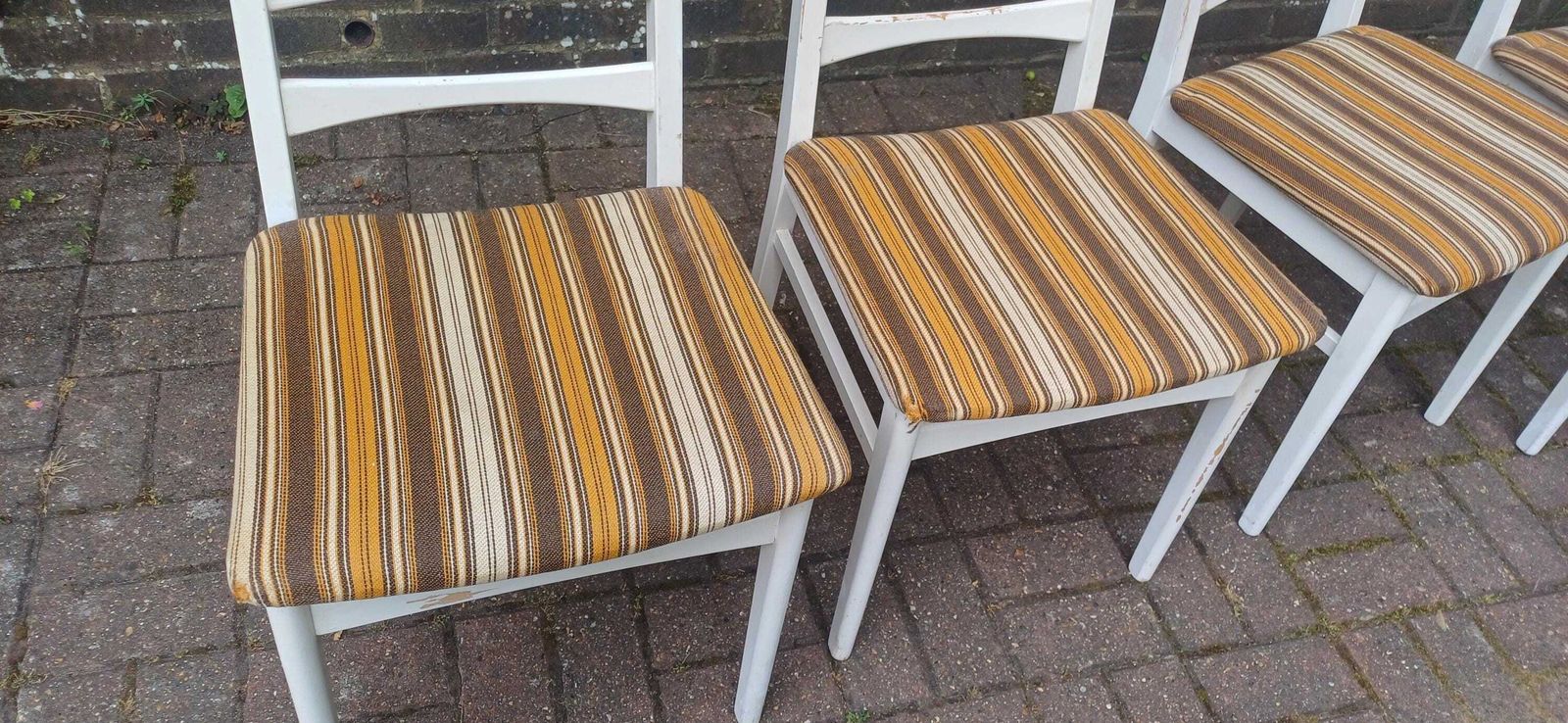 Vintage Retro 70s White Beech Dining Chairs Set Of 4 Striped Original Upholstery Kitchen Chairs Made In East Germany Gdr photo for sale