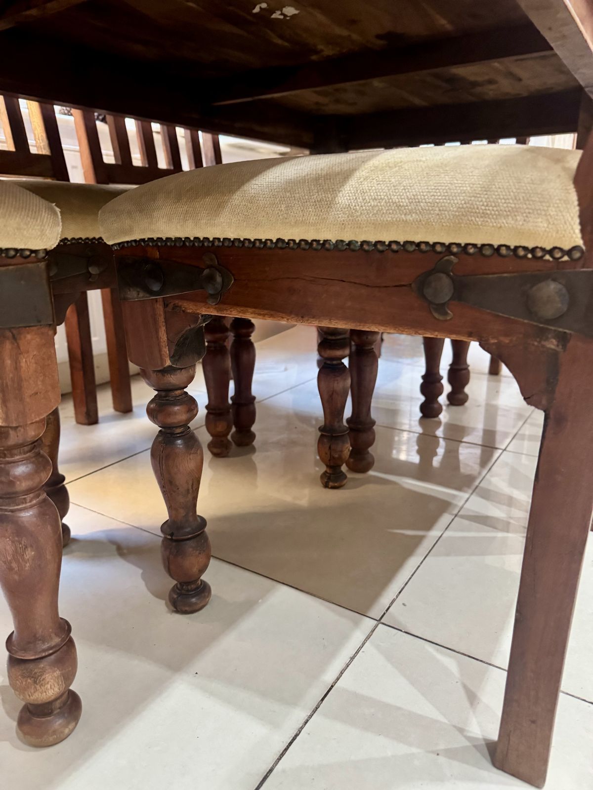 Vintage Indian Rosewood Dining Table   6 Cream Chenille Upholstered Chairs photo for sale