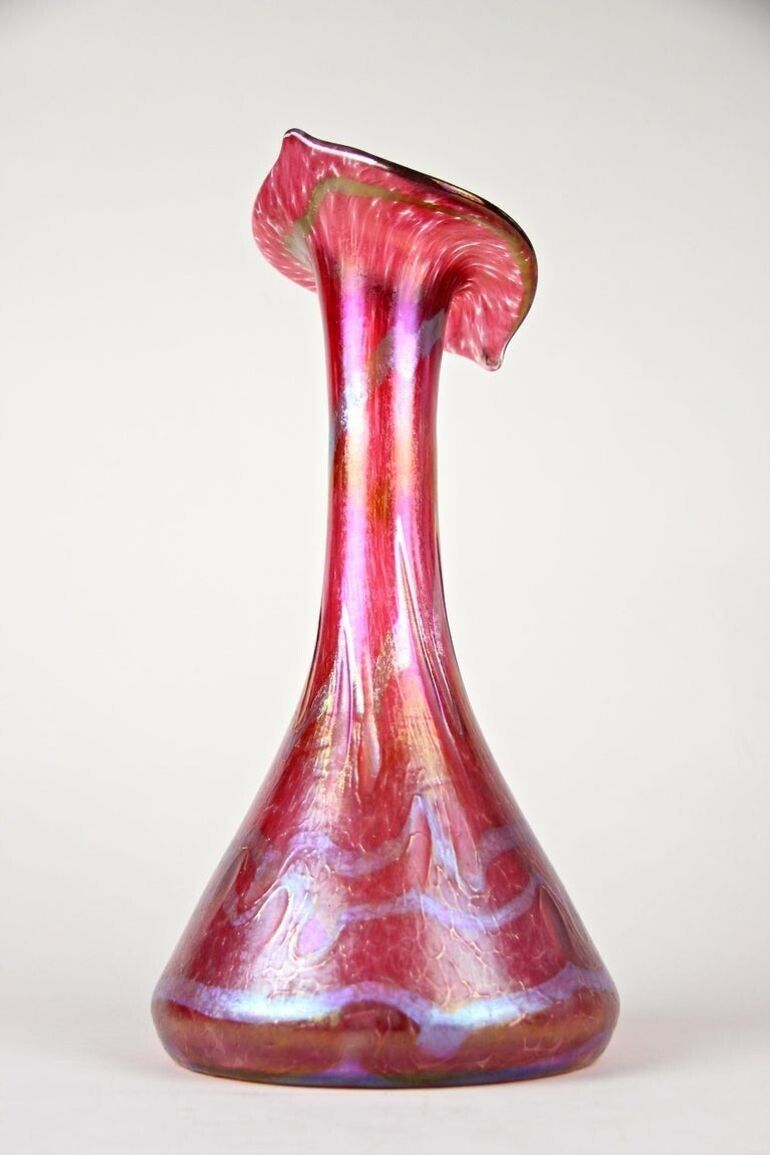 Art Nouveau Red Glass Vase By Fritz Heckert "Jack In The Pulpit", Cz Circa 1901 photo 3430.0