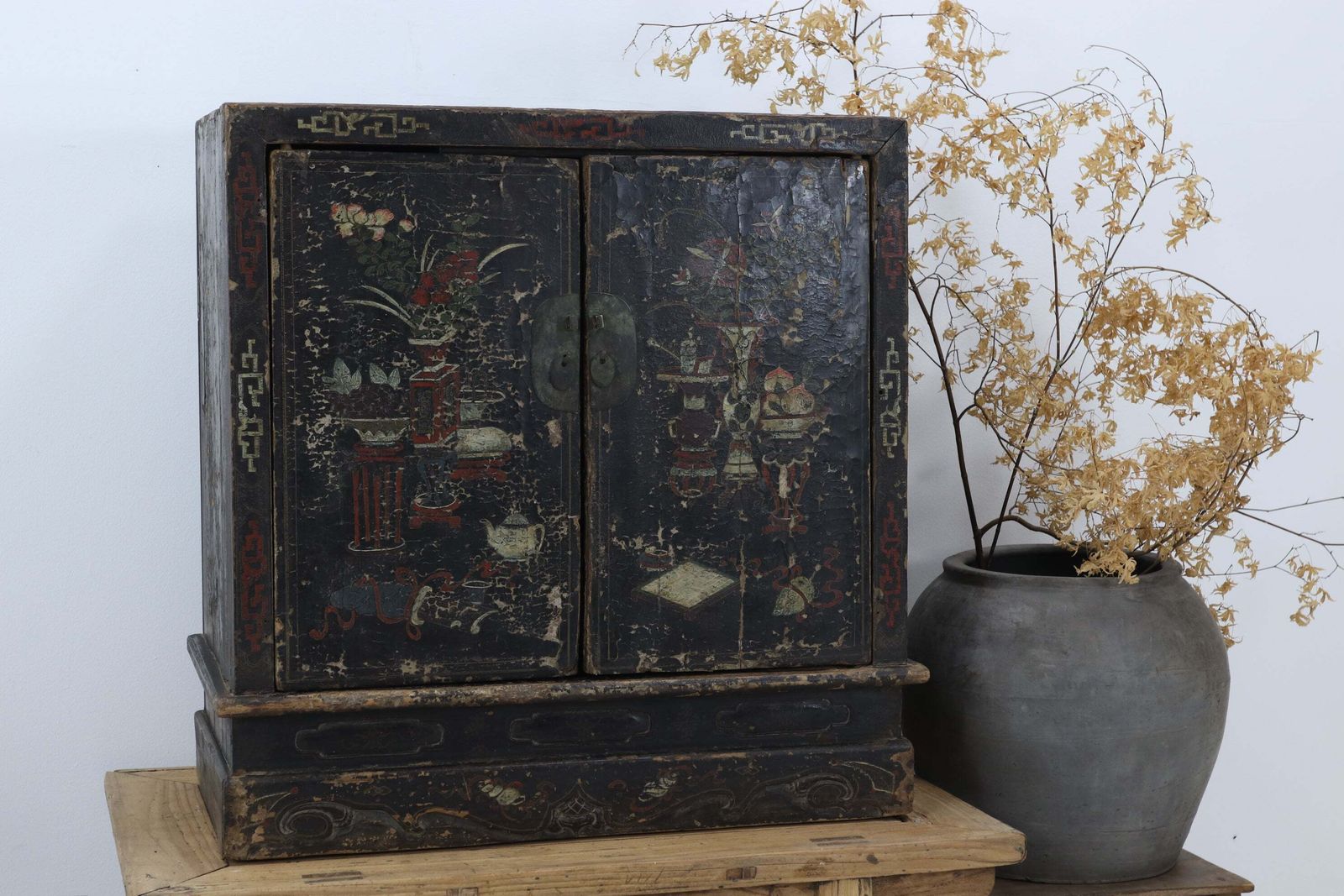 Late 18th Century Dark Lacquered Hand Painted Chinese Book Cabinet