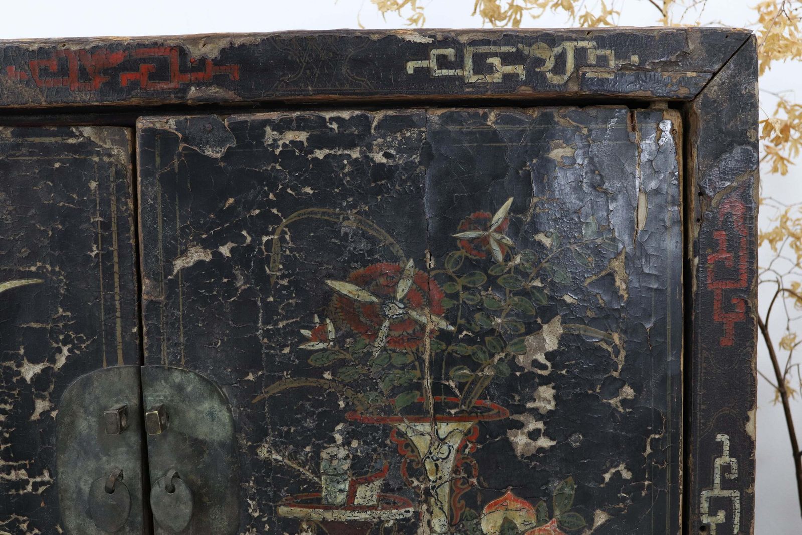 Late 18th Century Dark Lacquered Hand Painted Chinese Book Cabinet photo vintage