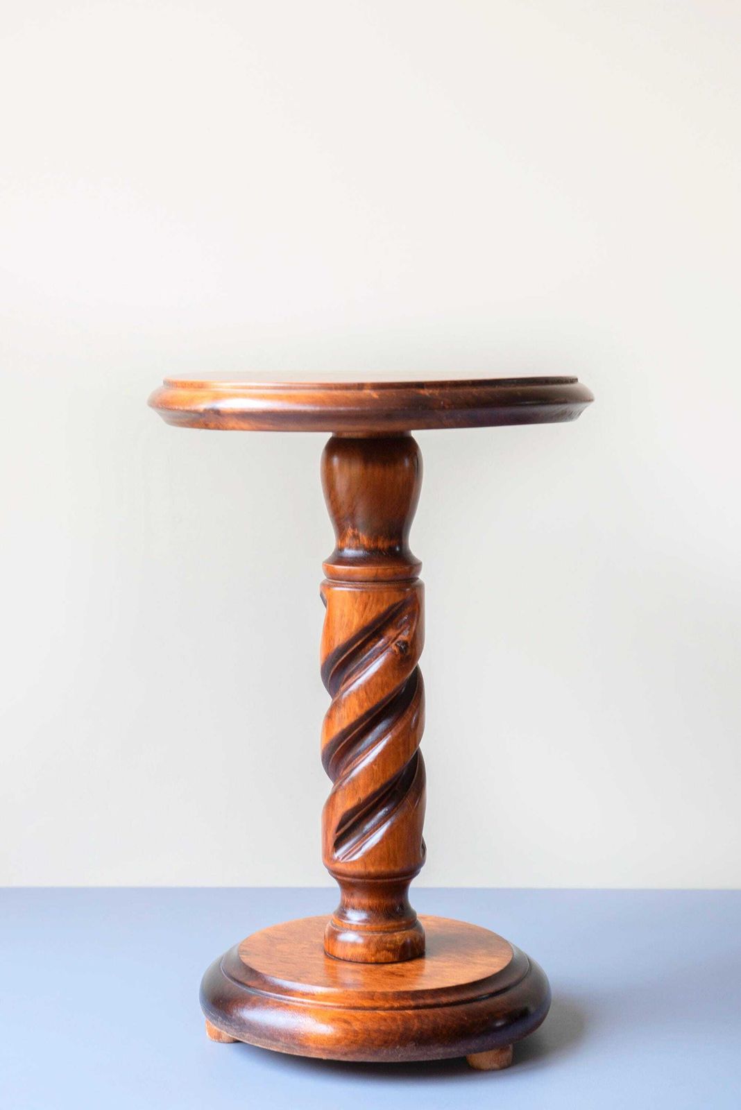 Oak Wooden Pedestal Table, Hand Carved Plant Stand, Round Barley Twist Table, Turned Foot, Dark Brown Coffee Table photo buy