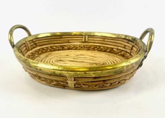 Italian Rattan And Brass Basket Centerpiece, 1960s