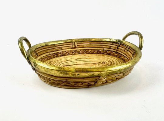 photo for sale Italian Rattan And Brass Basket Centerpiece, 1960s