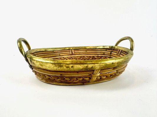 Home Decor Italian Rattan And Brass Basket Centerpiece, 1960s photo