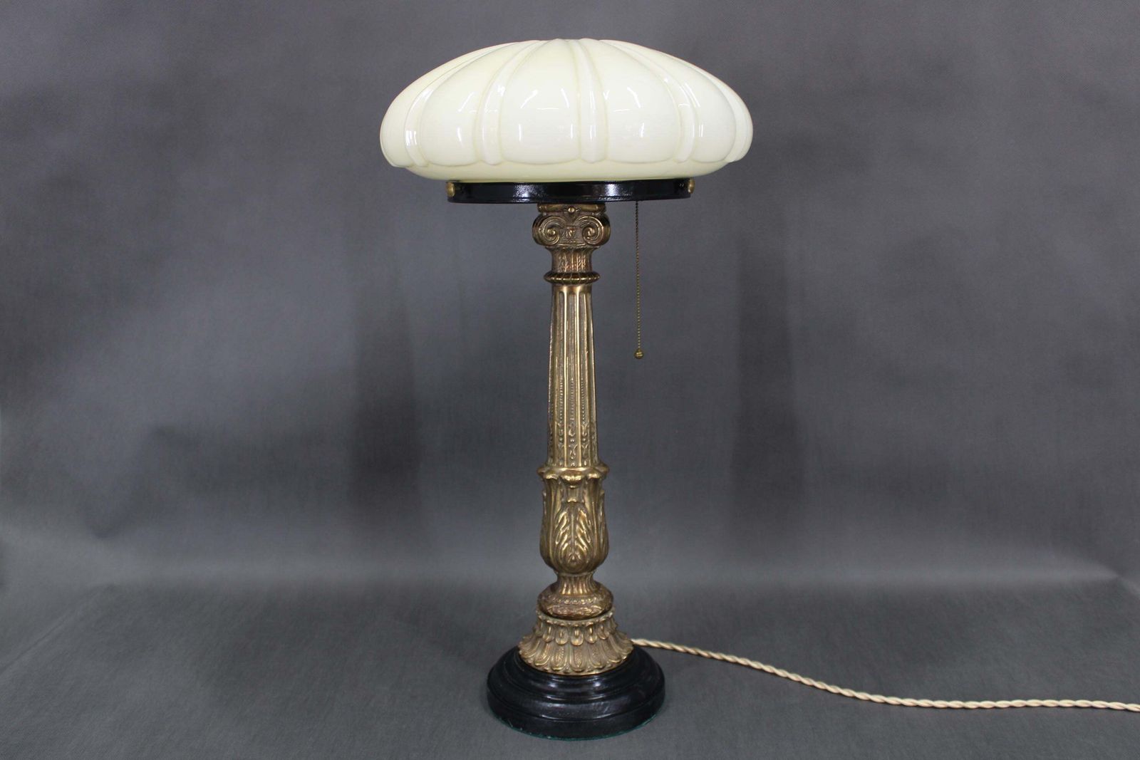 1940s Restored Brass Table Lamp With Wooden Base And Glass Shade photo furniture