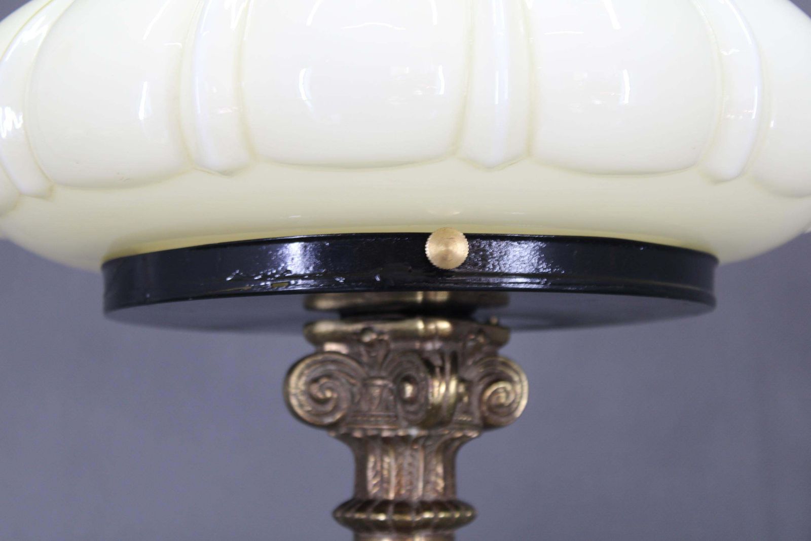 photo for sale 1940s Restored Brass Table Lamp With Wooden Base And Glass Shade
