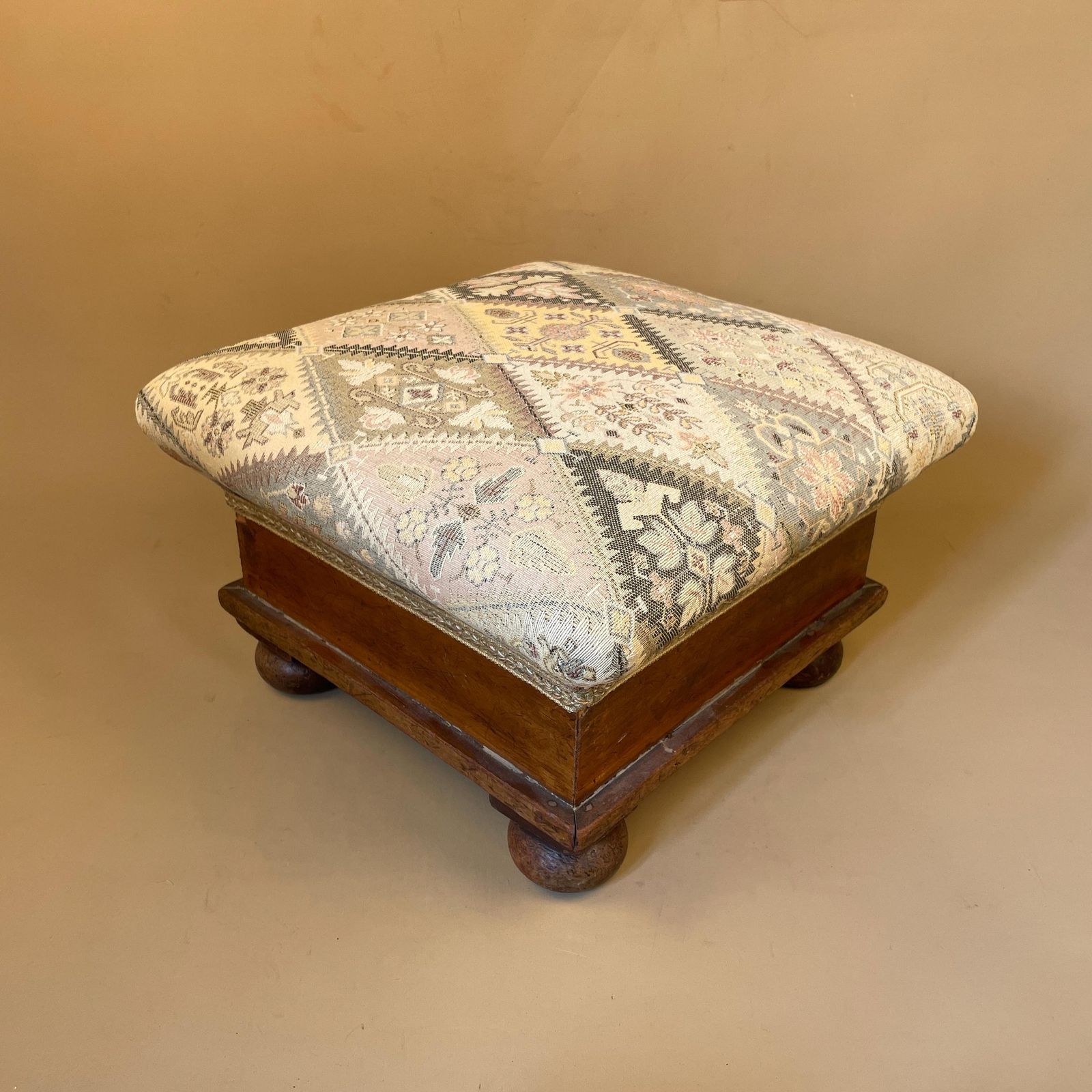 Antique Vintage Wooden Stool Wood Cottage Furniture Square Hallway Farmhouse Seat 24x38x38cm Footstool Foot Patterned Muted Fabric Pattern photo for sale