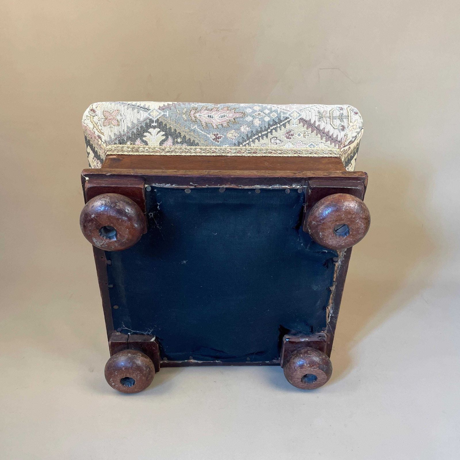 Antique Vintage Wooden Stool Wood Cottage Furniture Square Hallway Farmhouse Seat 24x38x38cm Footstool Foot Patterned Muted Fabric Pattern photo vintage