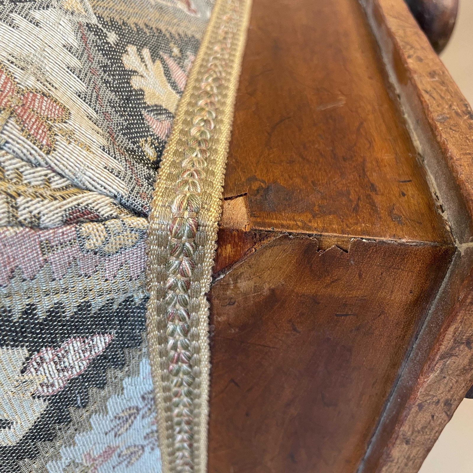 photo for sale Antique Vintage Wooden Stool Wood Cottage Furniture Square Hallway Farmhouse Seat 24x38x38cm Footstool Foot Patterned Muted Fabric Pattern