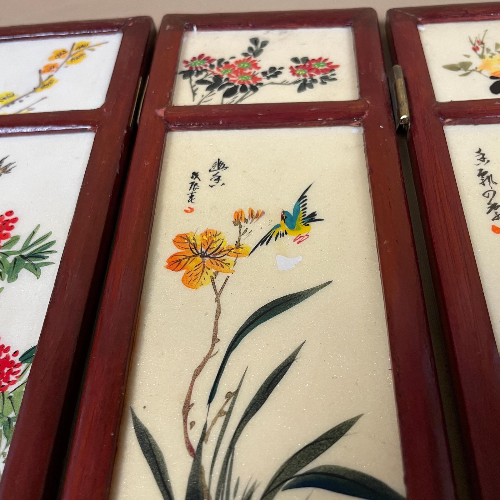 Antique Mini Table Top Oriental Chinese Wooden Divider Privacy Screen Vintage Folding Pattern Ceramic Tile Hand Painted Floral Landscape photo vinterior