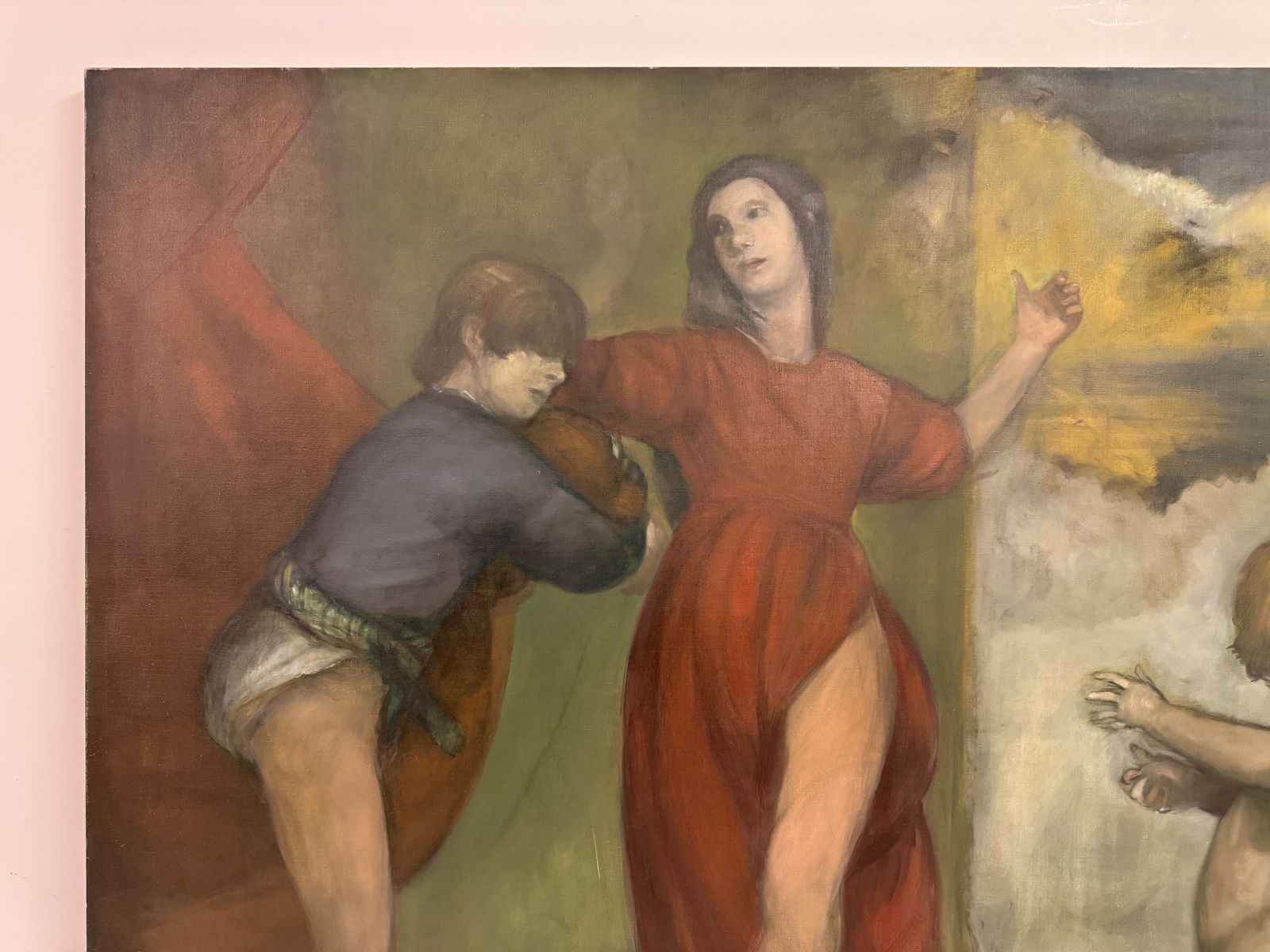 Large Oil On Canvas By Paul Storey, "Three Figures With A Dog" photo for sale