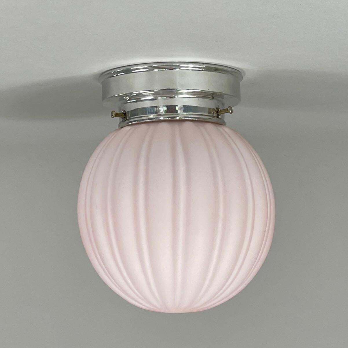 Art Deco Pale Pink Frosted Glass & Chrome Globe Flush Mount, Sweden 1940s photo vintage