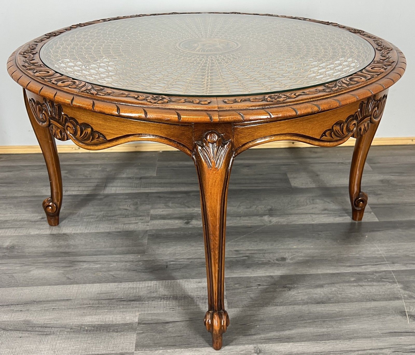 Coffee Table Round Vintage French Glass Top Ornate Cane Louis XIV Style Lot 3941 photo buy