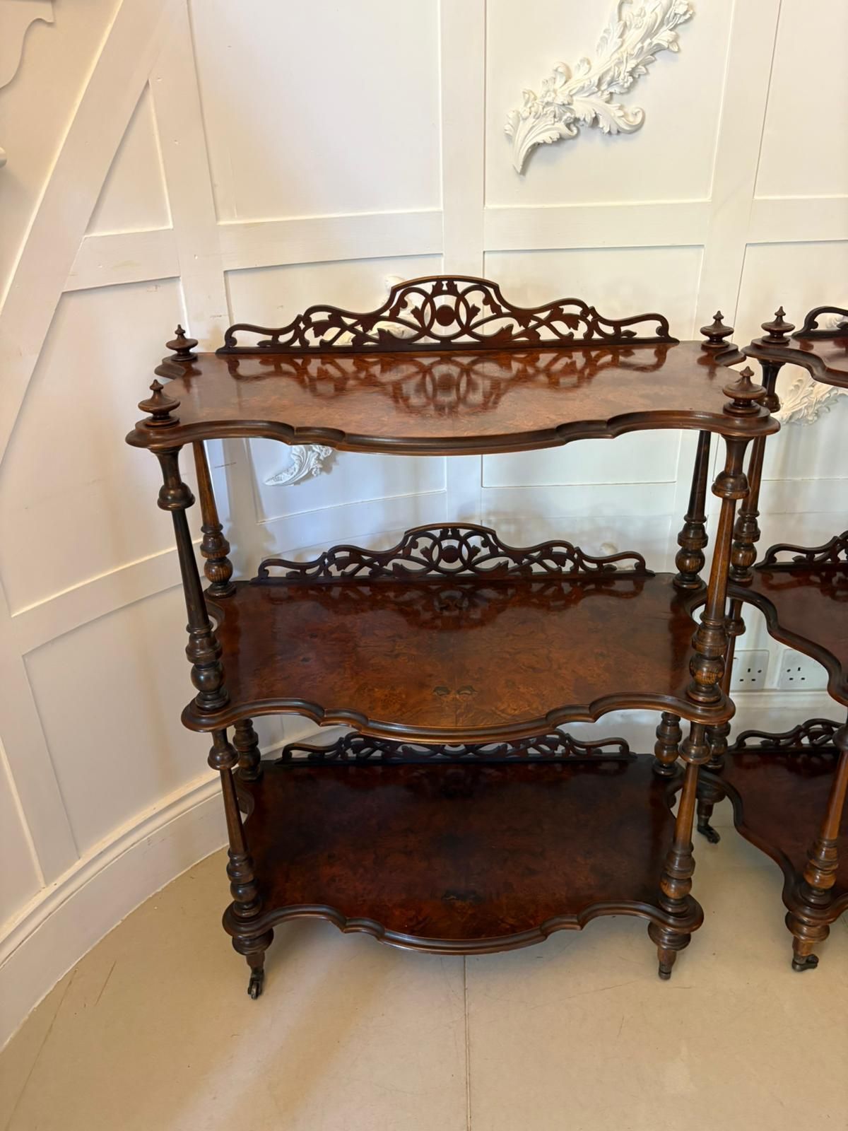 photo for sale Unusual Pair Of Antique 19th Century Quality Burr Walnut Whatnots