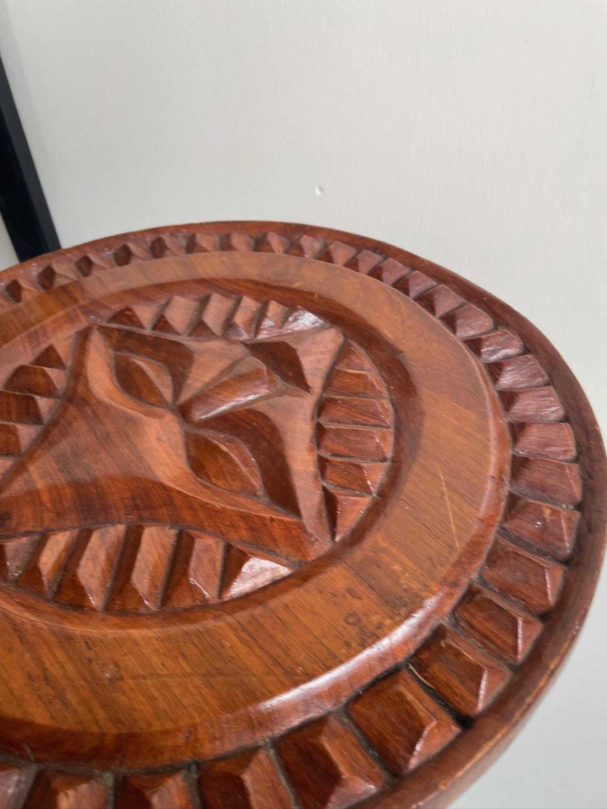 Small Round Wooden Rustic Outsider Side Or Coffee Table With Carved Top Resembling A Face photo vintage