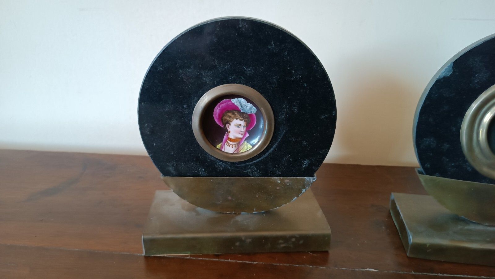 Pair Of Miniatures Painted On Marble Frame 1920s France photo buy