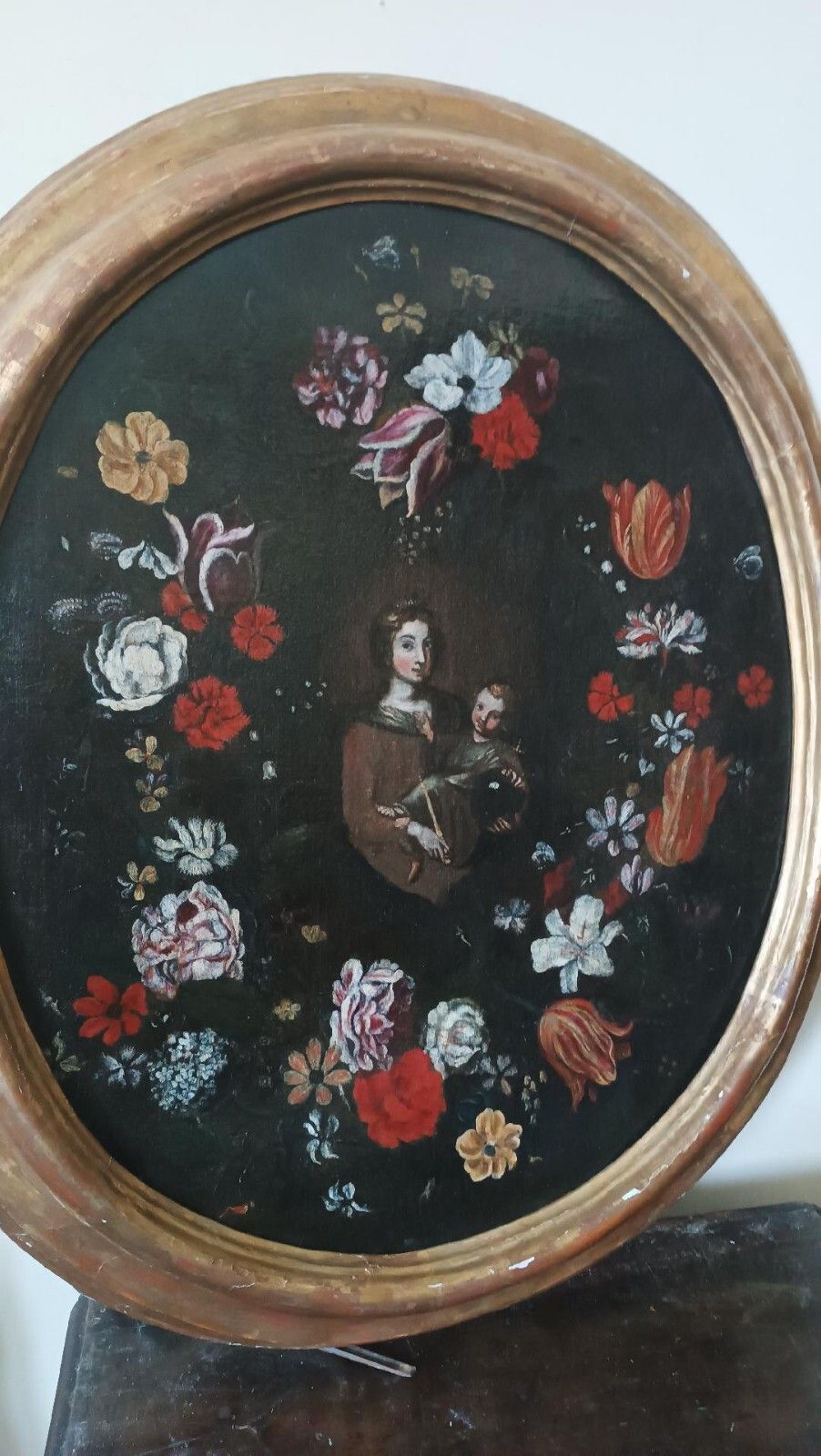 Oil On Antique Canvas, Italian School, Madonna With Child On Garland Of Flowers photo for sale