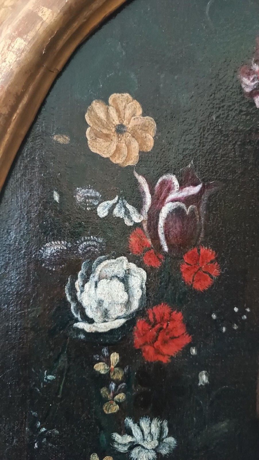 Oil On Antique Canvas, Italian School, Madonna With Child On Garland Of Flowers photo vinterior