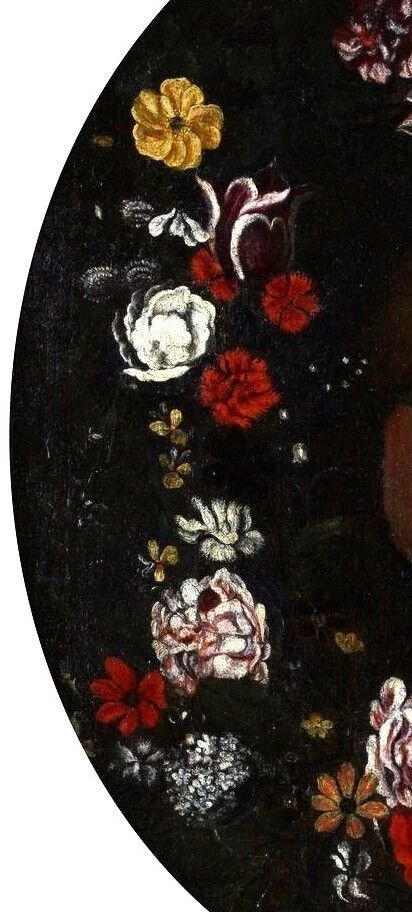 photo vintage Oil On Antique Canvas, Italian School, Madonna With Child On Garland Of Flowers
