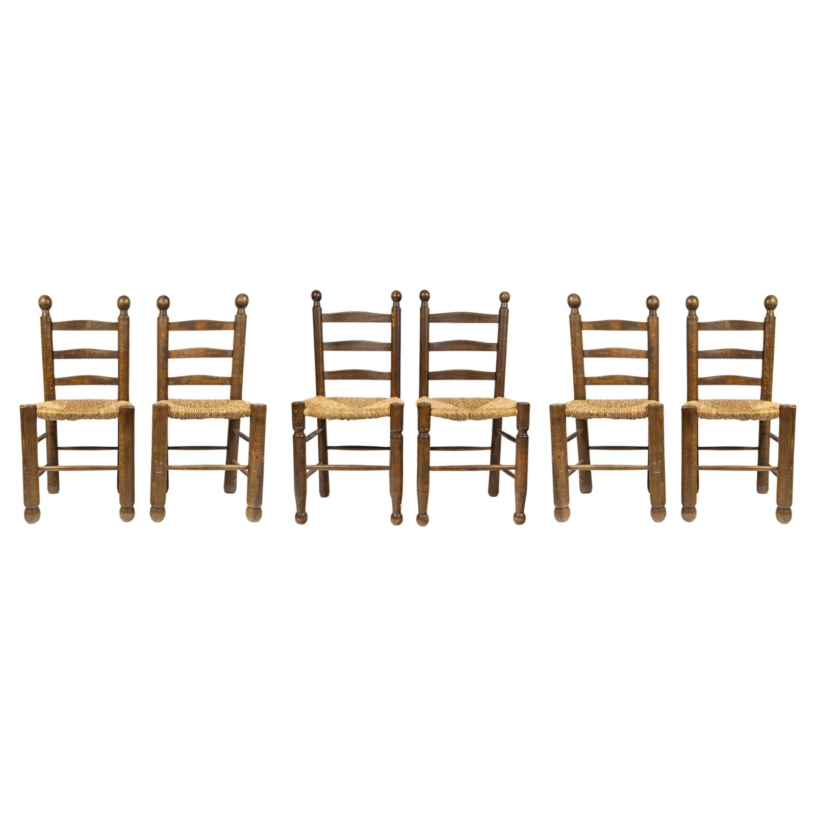 Set Of Six Charles Dudouyt Dining Chairs In Wood And Cane, 20th Century.
