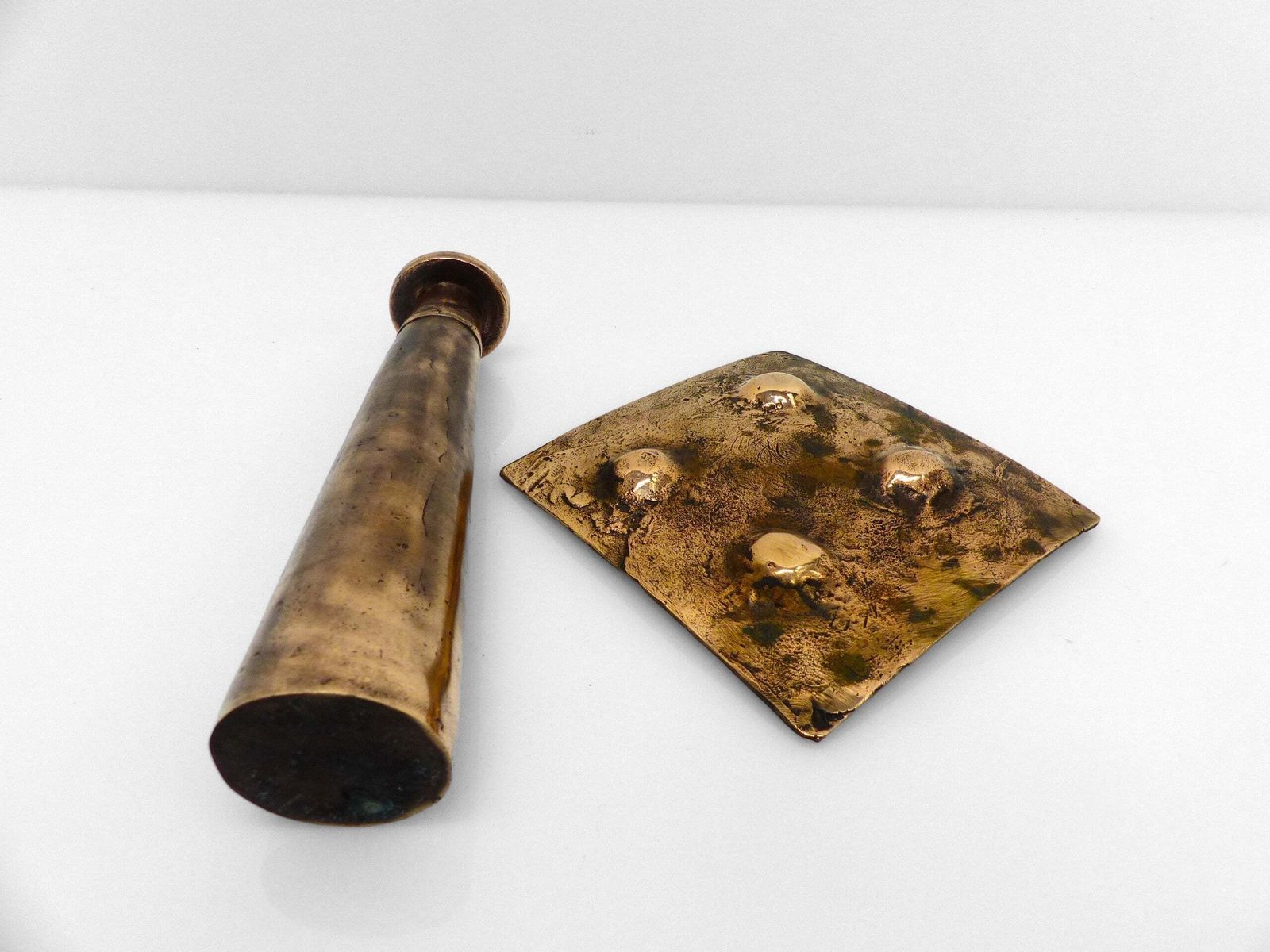 Brutalist Bronze Ashtray And Candle Holder Set, France, Circa 1980 photo buy