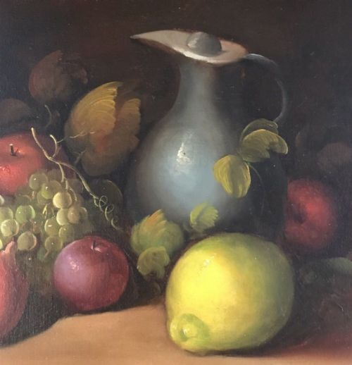 Oil Painting Fruit Still Life Portrait Of Grapes Apples Lemon Jug photo 995.0