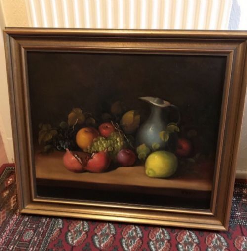 Oil Painting Fruit Still Life Portrait Of Grapes Apples Lemon Jug photo for sale