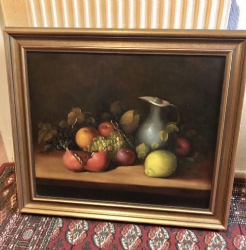 Oil Painting Fruit Still Life Portrait Of Grapes Apples Lemon Jug photo buy