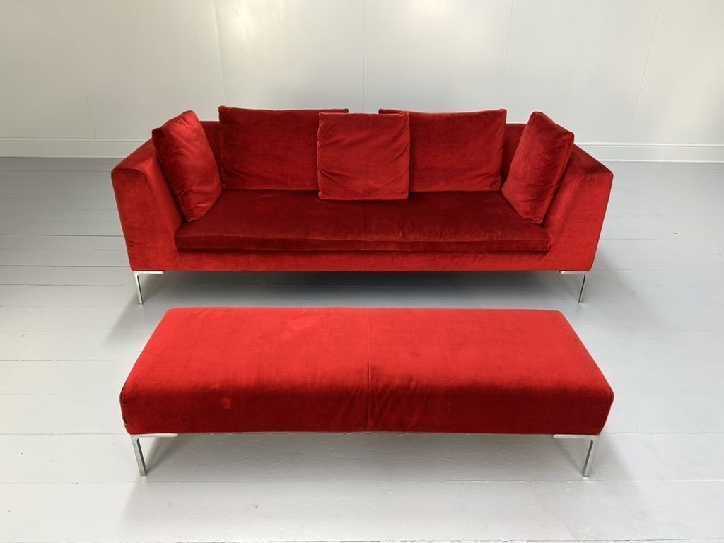 B&B Italia “Charles Ch230” Sofa & “Ch150p” Bench Ottoman – In Red Velvet photo furniture