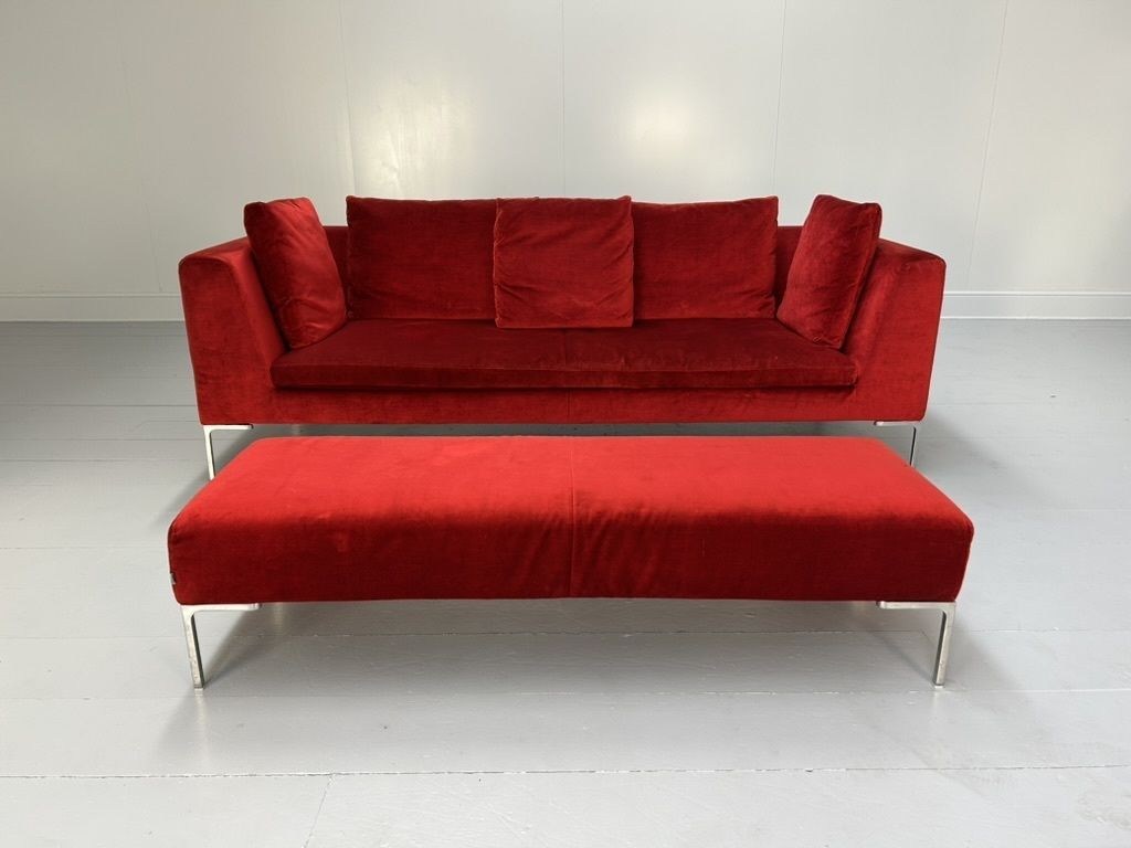 B&B Italia “Charles Ch230” Sofa & “Ch150p” Bench Ottoman – In Red Velvet photo Furniture