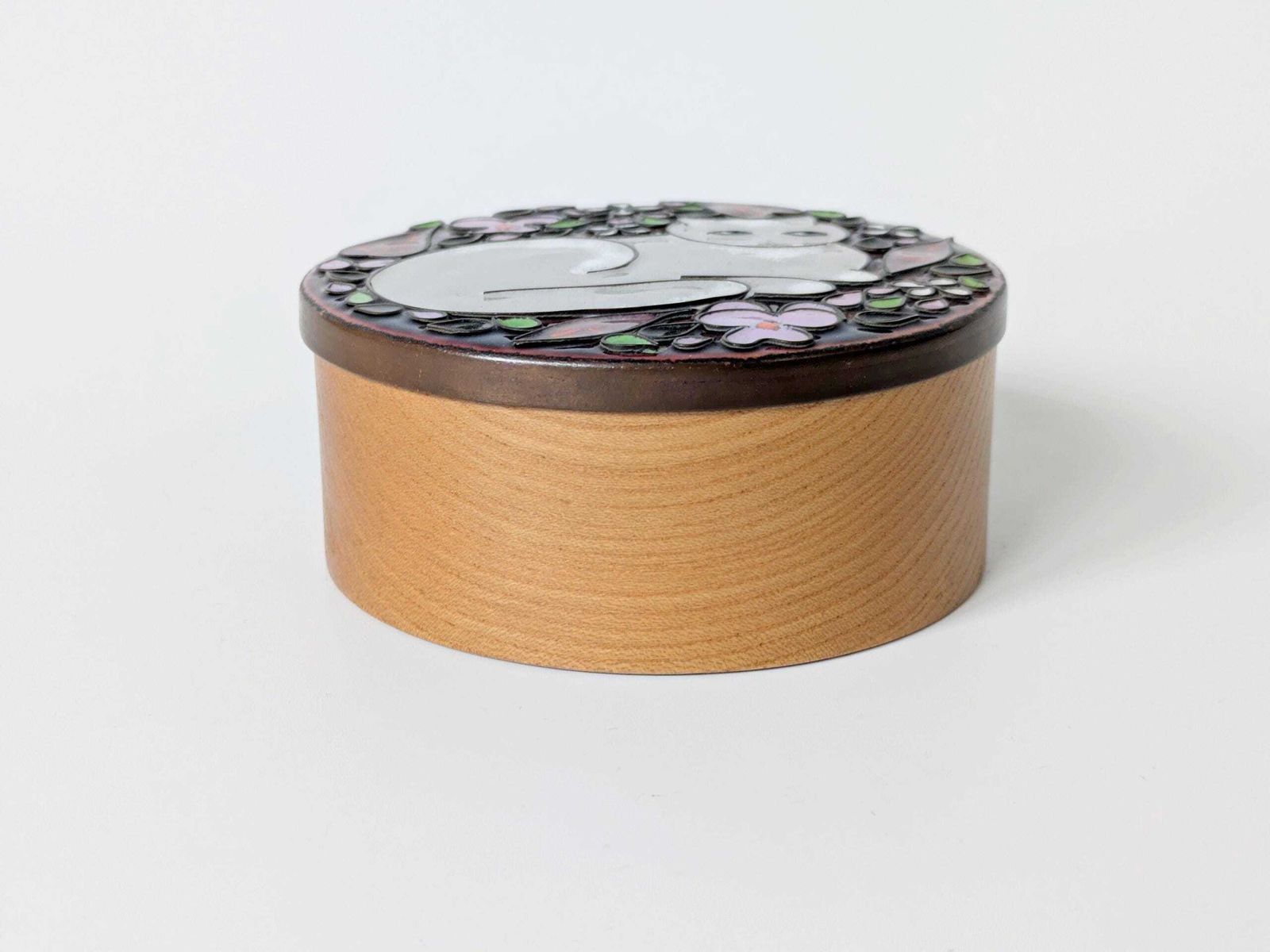 Midcentury Wooden Jewelry Box With Enamel Cat Lid, Enameled Copper, 1960s Gift Idea photo vinterior