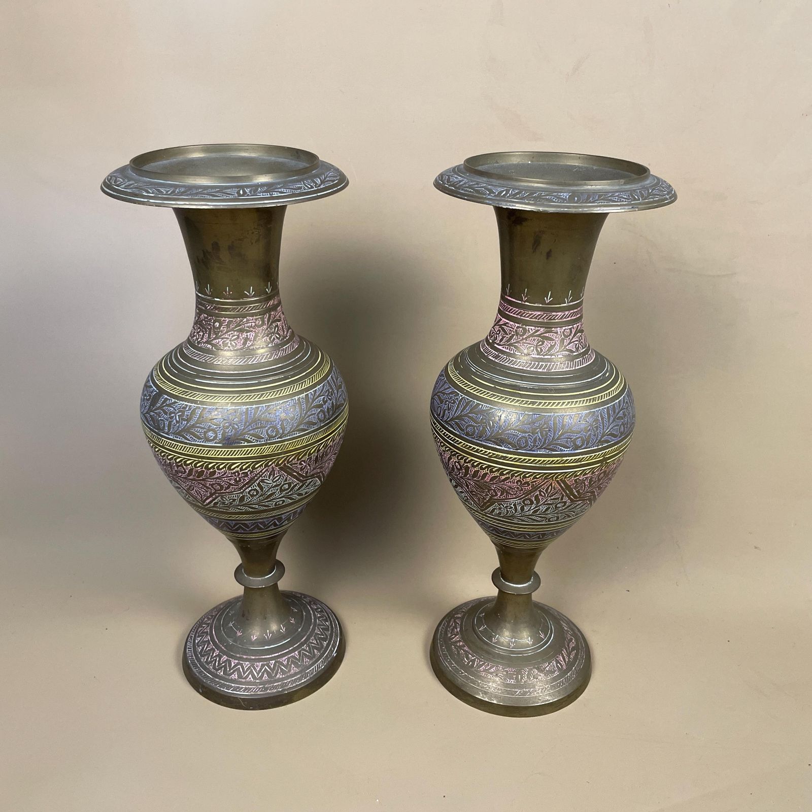 Pair Of Antique Metal Gold Indian Patterned Brass Plant Pot Vase Jardiniere Handmade Engraved Etched Intricate Vintage Decorative Asian photo Home Decor