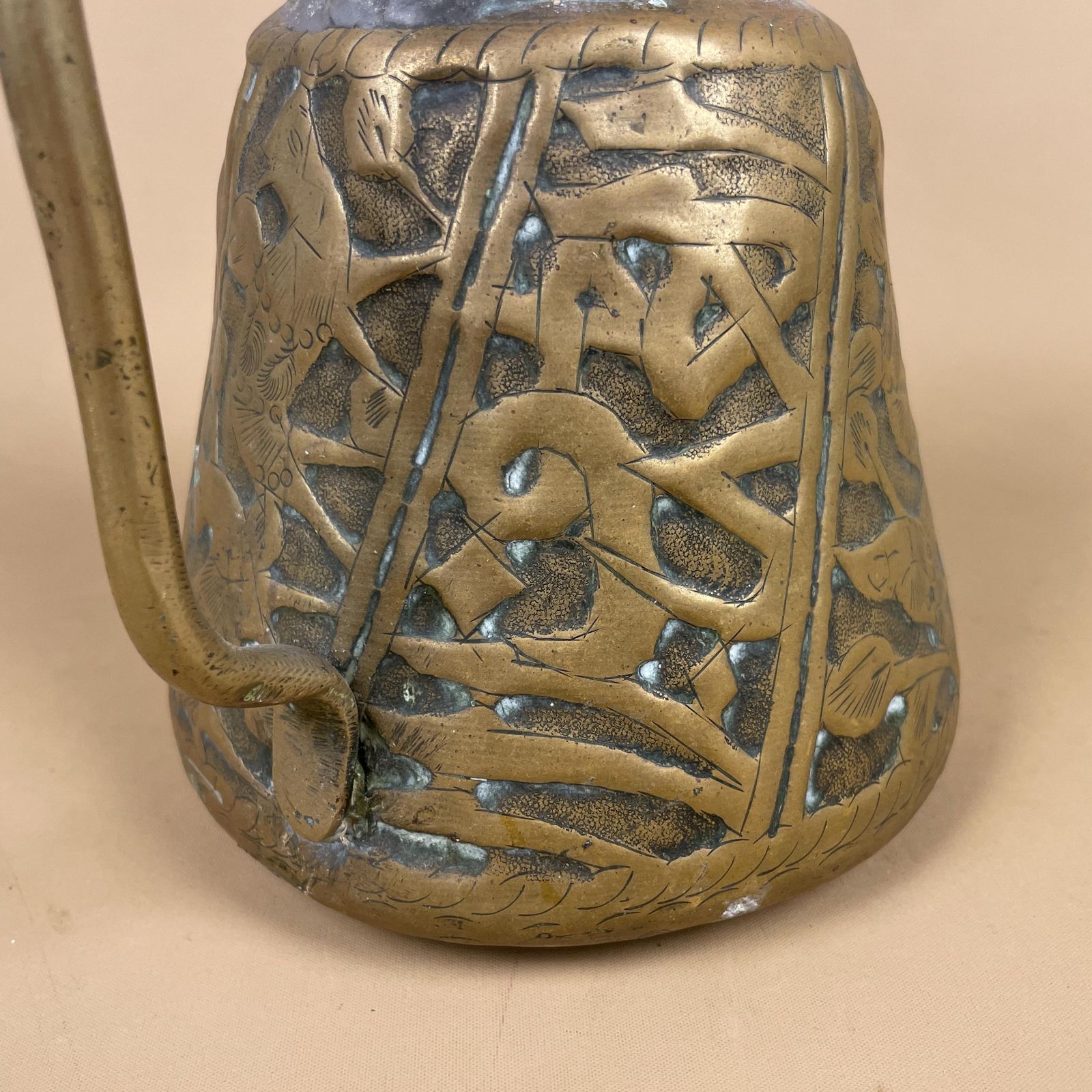 Antique Metal Gold Middle East Patterned Brass Plant Pot Vase Jug Planter Jardiniere Handmade Engraved Etched Intricate Vintage Decorative photo vintage
